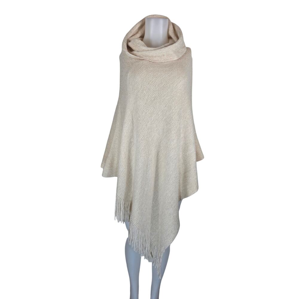 Chico's Turtleneck Sweater Fringes Cream Gold Metaliic Poncho Cape Women's OSFM